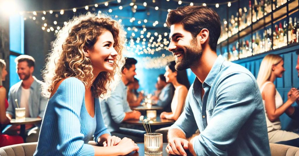 man and woman flirting at a singles event in a bar