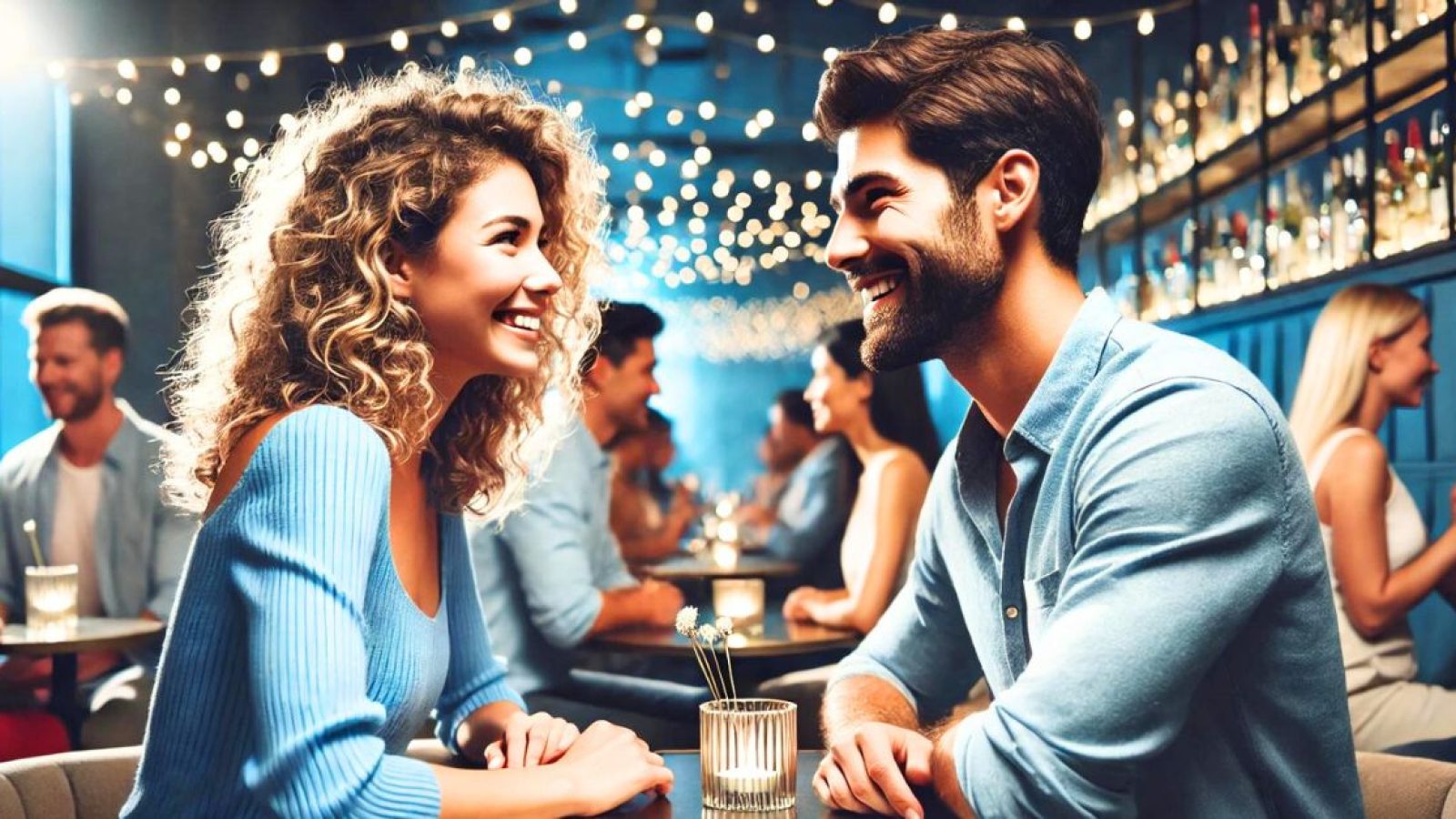 man and woman flirting at 20s speed dating event in a bar