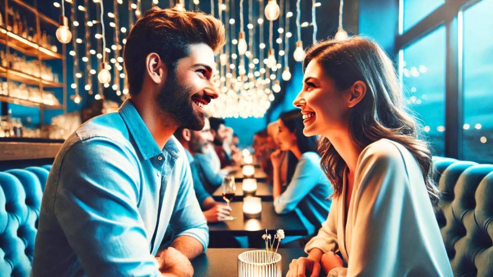 man and woman flirting at singles event in a bar