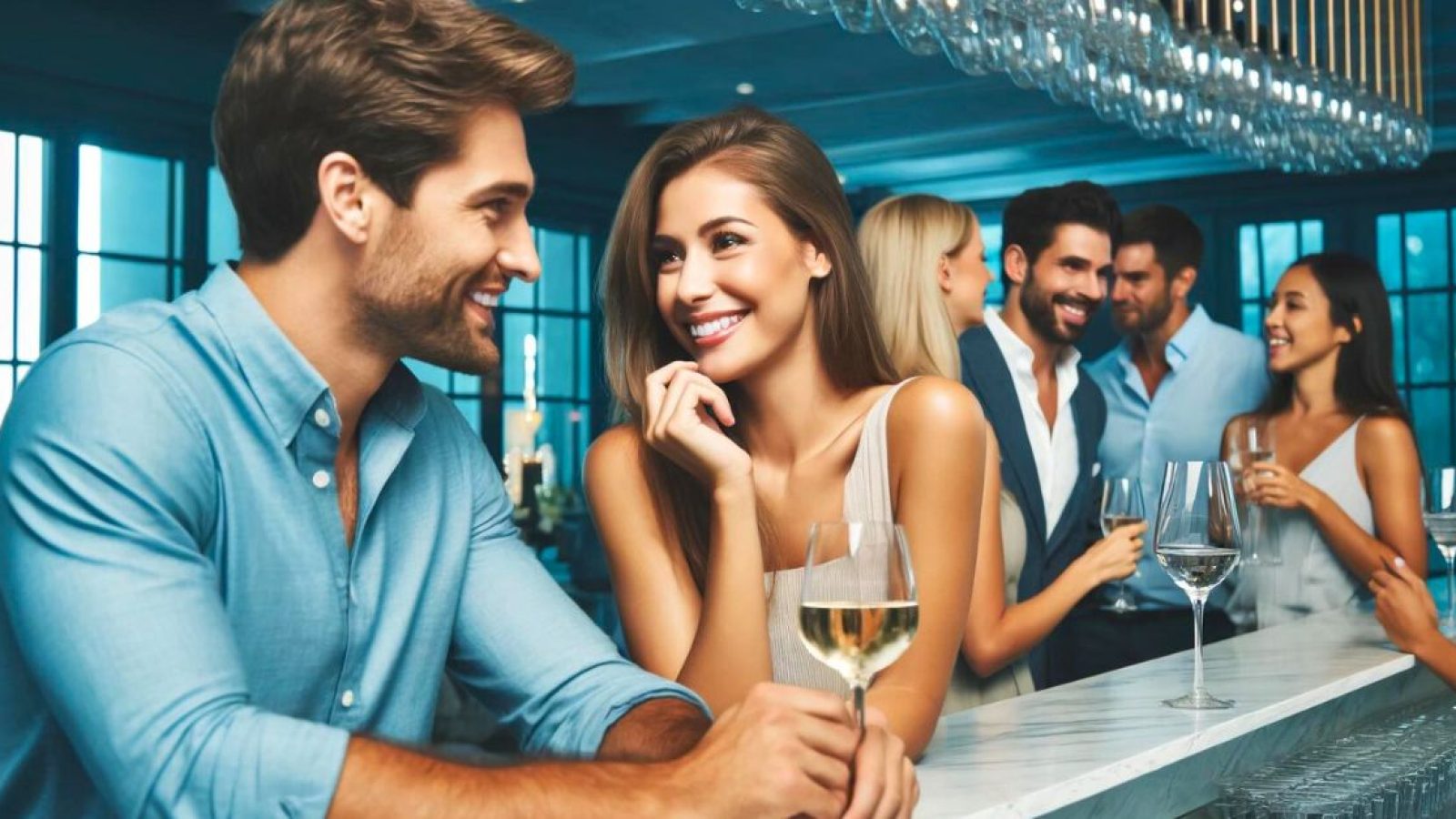 man and woman flirting at a speed dating social event in a bar